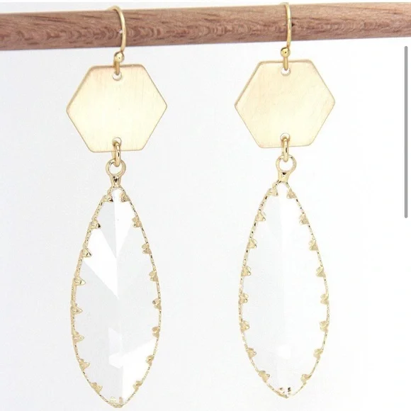Women’s Clear teardrop gem brushed gold tone hex earrings - Picture 2 of 5
